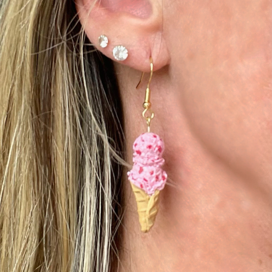 Strawberry Ice Cream Cone Polymer Clay Dangle Earrings