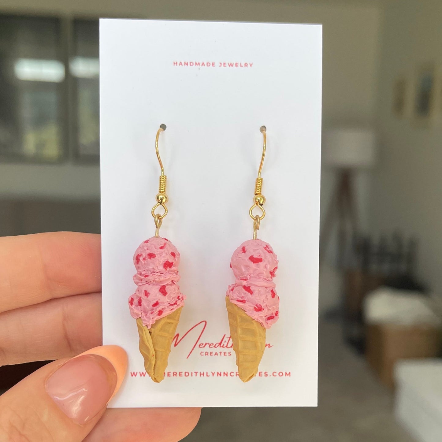 Strawberry Ice Cream Cone Polymer Clay Dangle Earrings